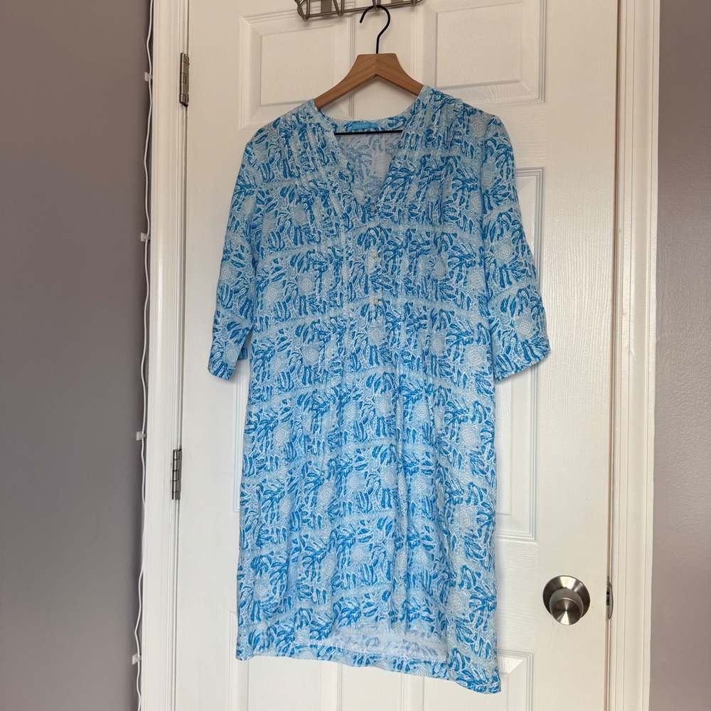 J.McLaughlin Riviera Linen Shift Dress Blue White Floral 3/4 Sleeve Small‎